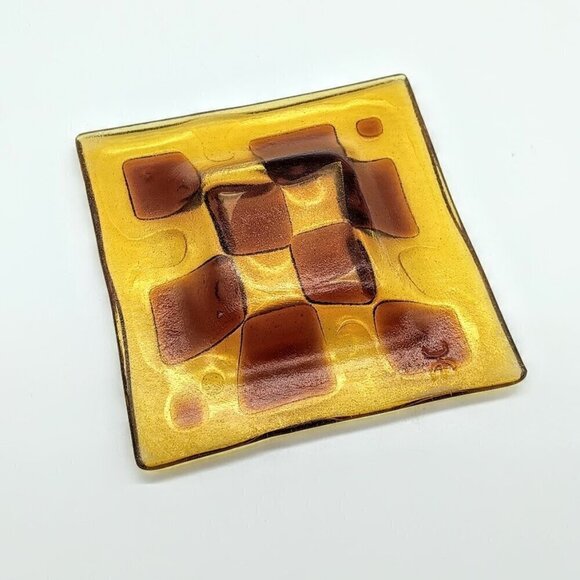 Higgins Studio 1950s Amber Fused Square Glass Plate - Signed - Picture 3 of 6